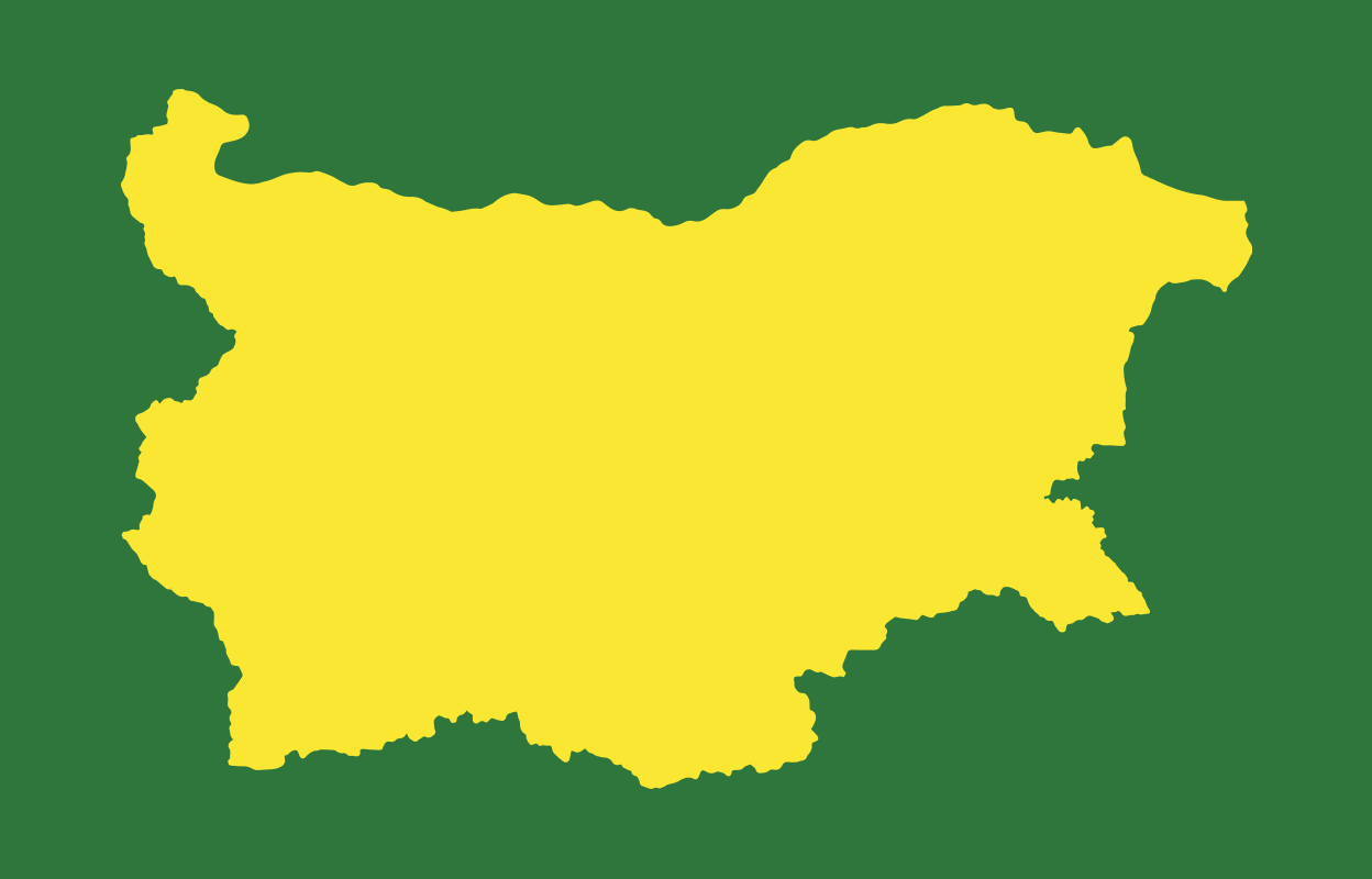 Outline of Bulgaria in yellow atop a dark green background
